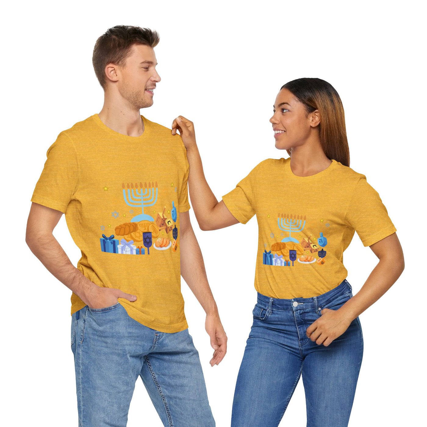Unisex yellow t-shirt with a Hanukkah graphic featuring a menorah, dreidels, and gifts.