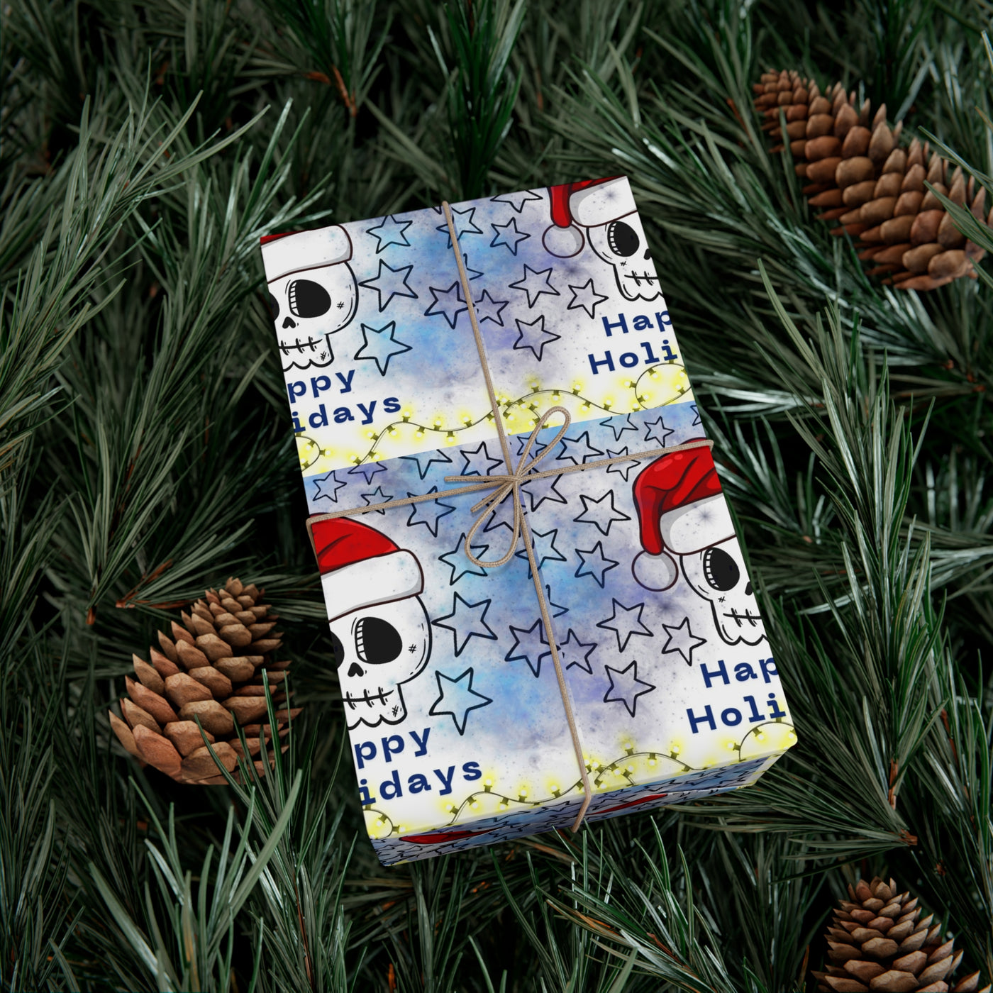 Gift wrap with a skull and Santa hat design on a starry background.
