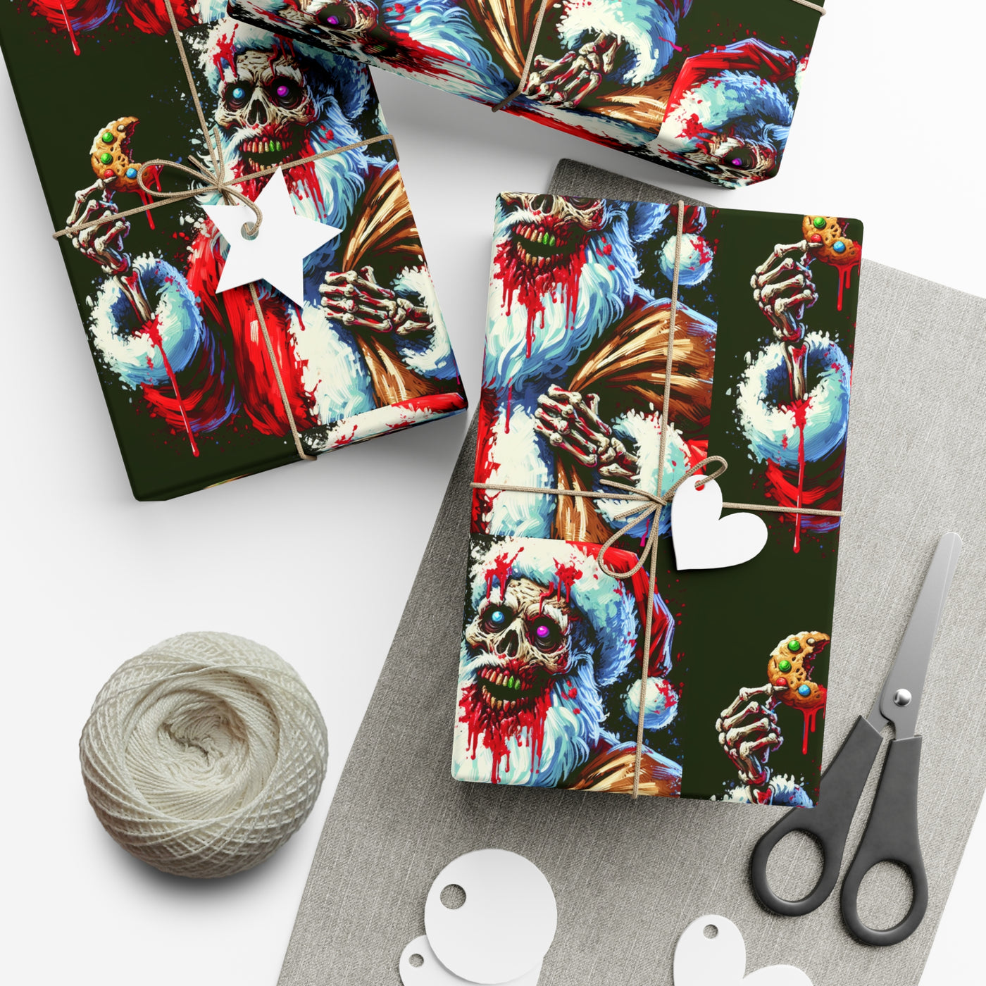 Zombie Santa wrapping paper with a cookie and blood splatter design.