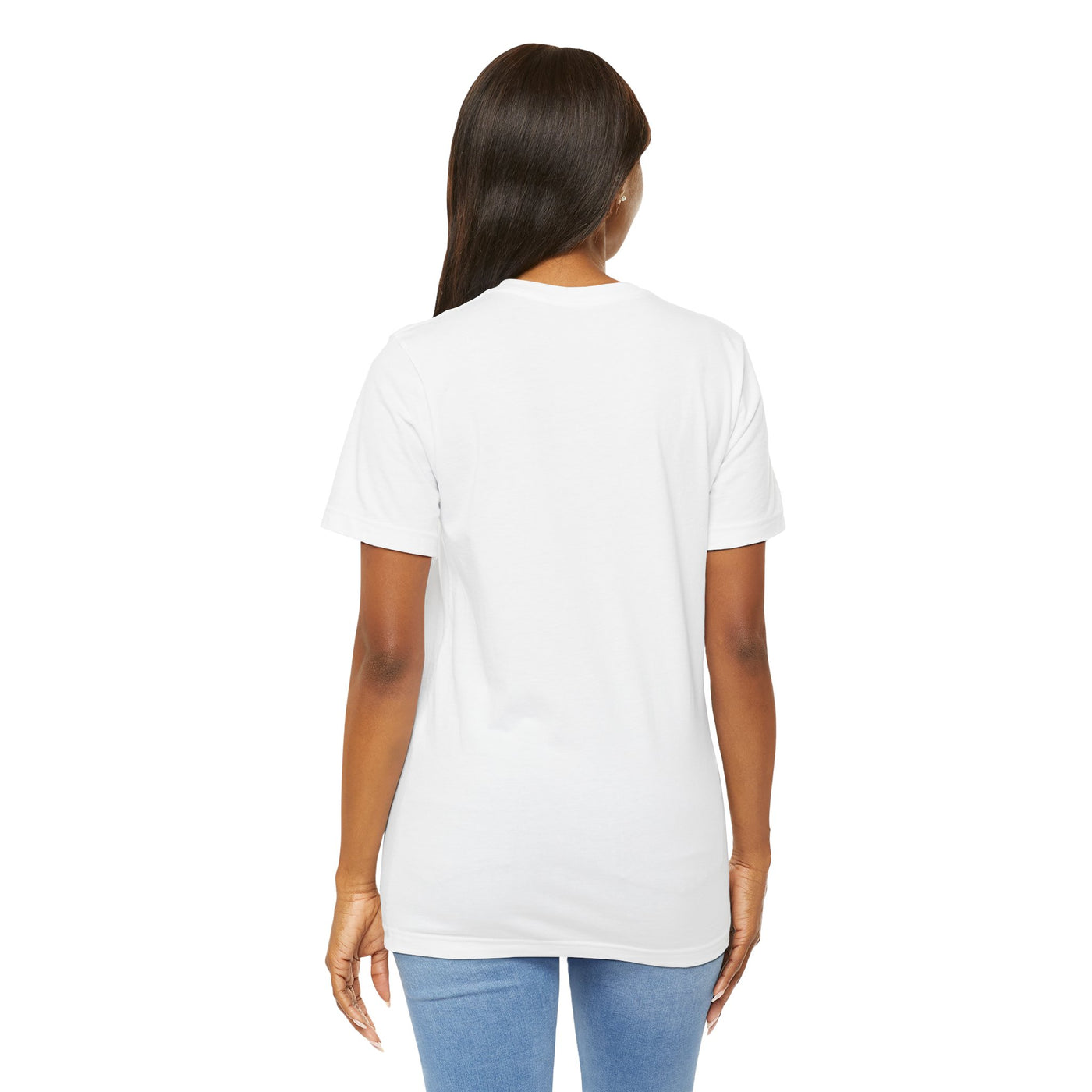Back view of a woman wearing a white t-shirt and blue jeans.