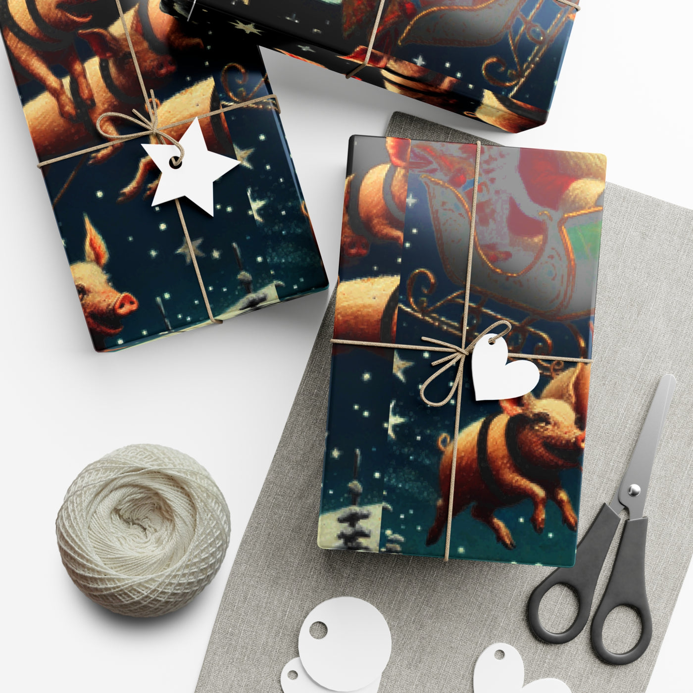 Wrapping paper with flying pigs and a sleigh on a starry night.