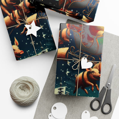 Wrapping paper with flying pigs and a sleigh on a starry night.