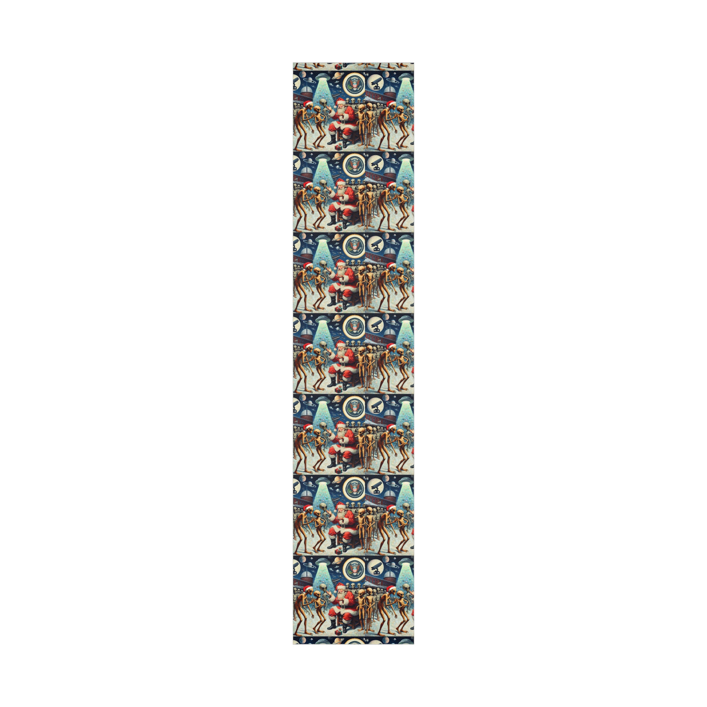 Vintage wrapping paper with Santa and aliens in a quirky holiday scene.