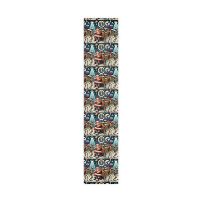 Vintage wrapping paper with Santa and aliens in a quirky holiday scene.