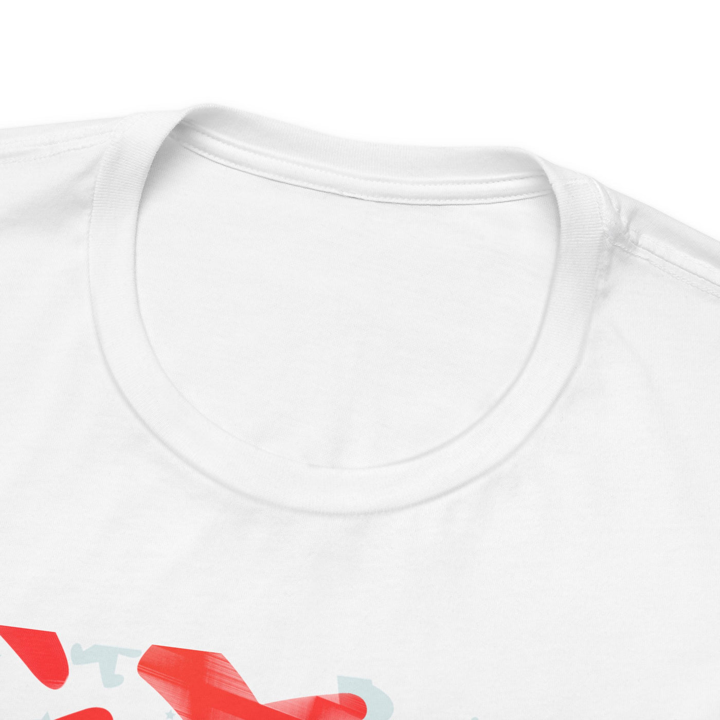White t-shirt with a red and light blue graphic design.