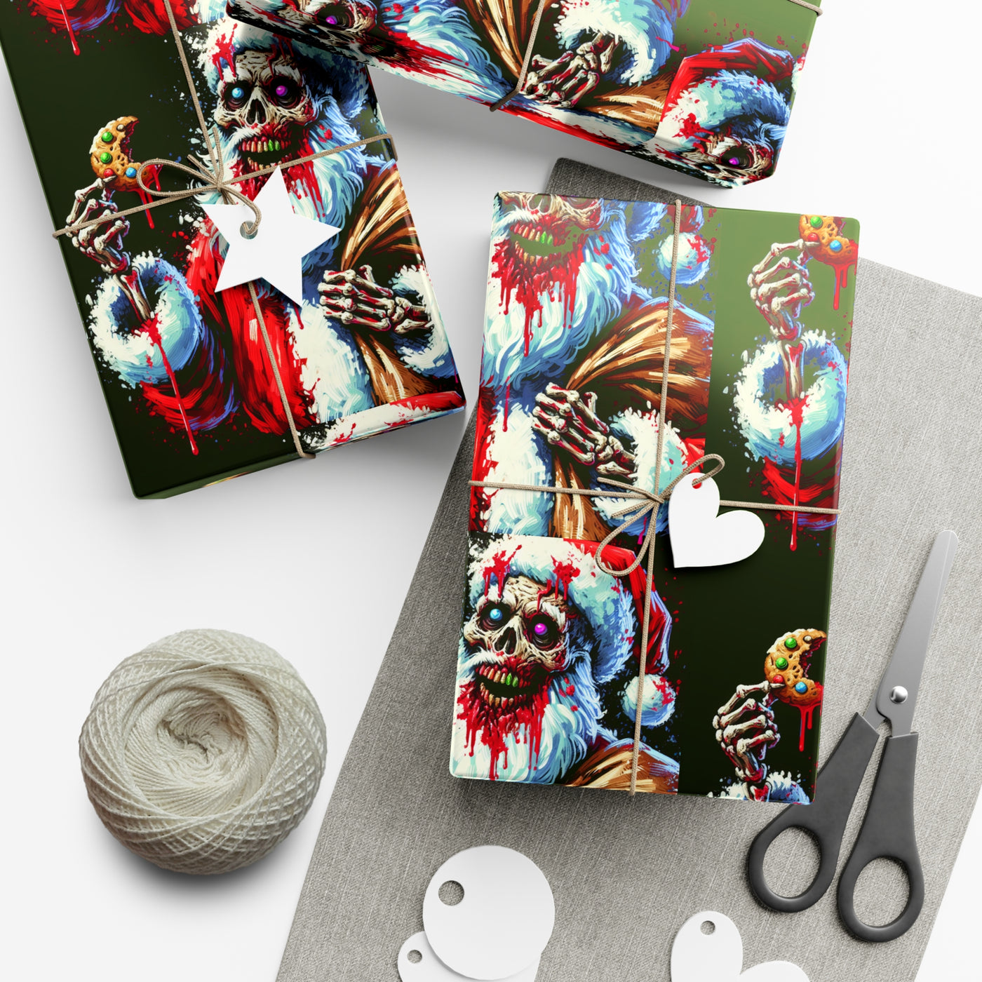 Zombie Santa wrapping paper with a cookie and a heart tag.