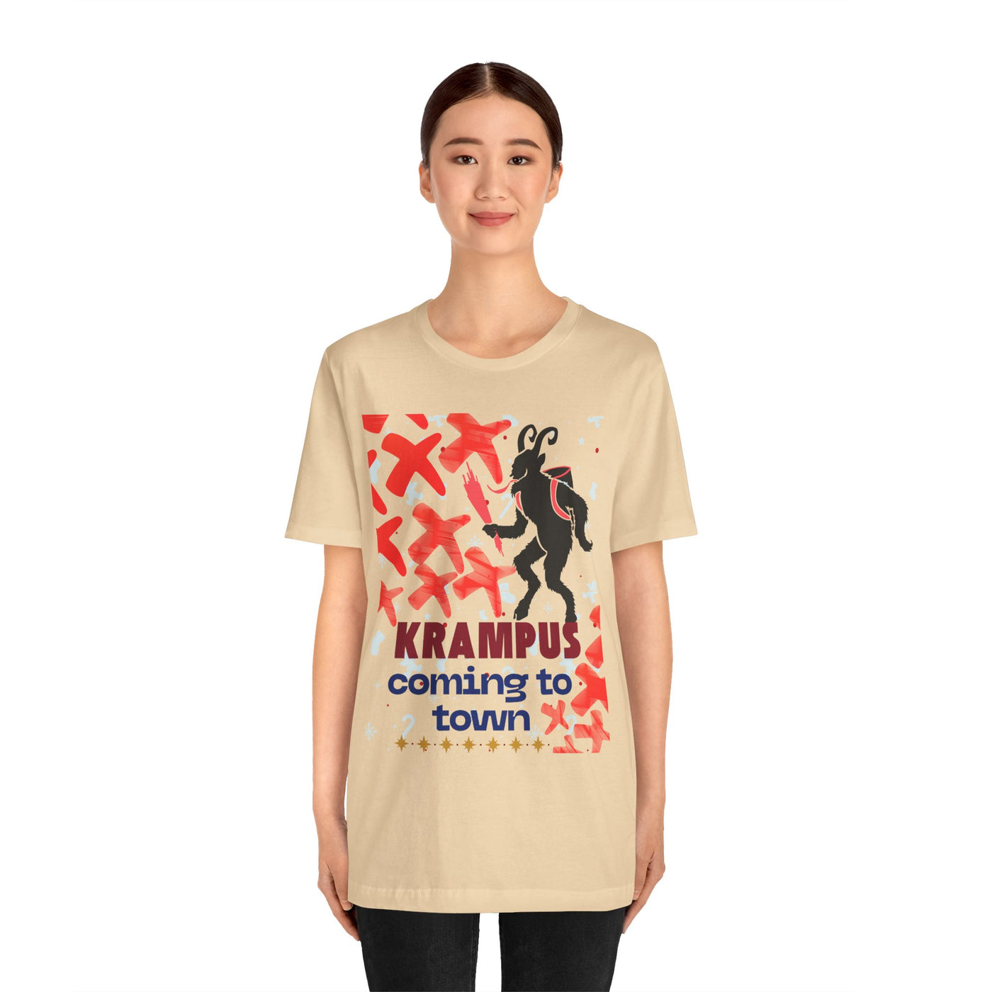 A beige t-shirt with a Krampus graphic and text.