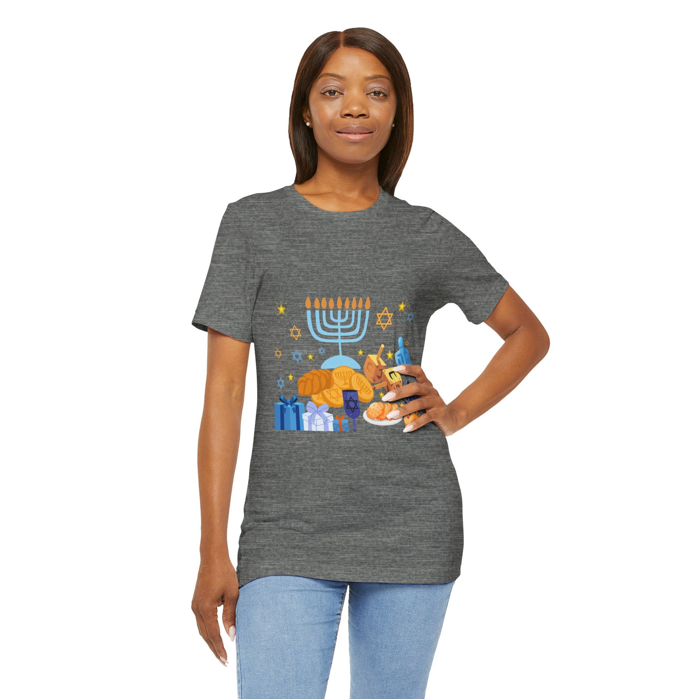 Grey t-shirt with a Hanukkah graphic featuring a menorah, gifts, and dreidels.