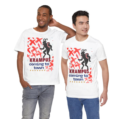Two men wear white t-shirts with a Krampus graphic and text.