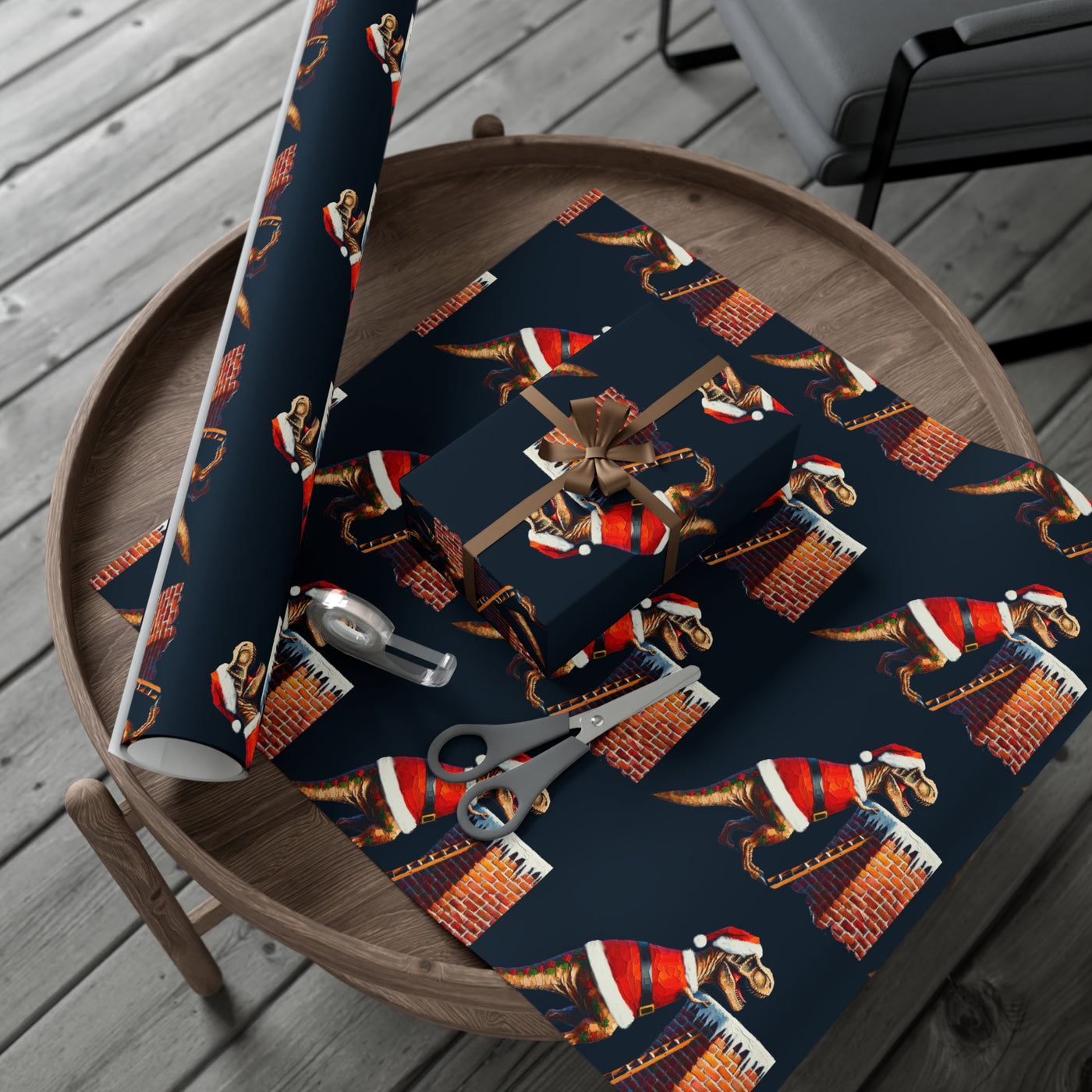 Dinosaur gift wrap with T-Rex in Santa hat on a chimney.