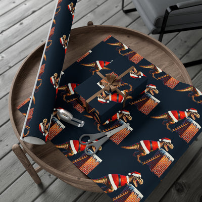 Dinosaur gift wrap with T-Rex in Santa hat on a chimney.