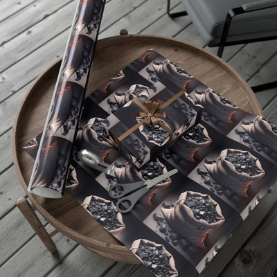 Gift wrap paper with a repeating pattern of sacks of coal.