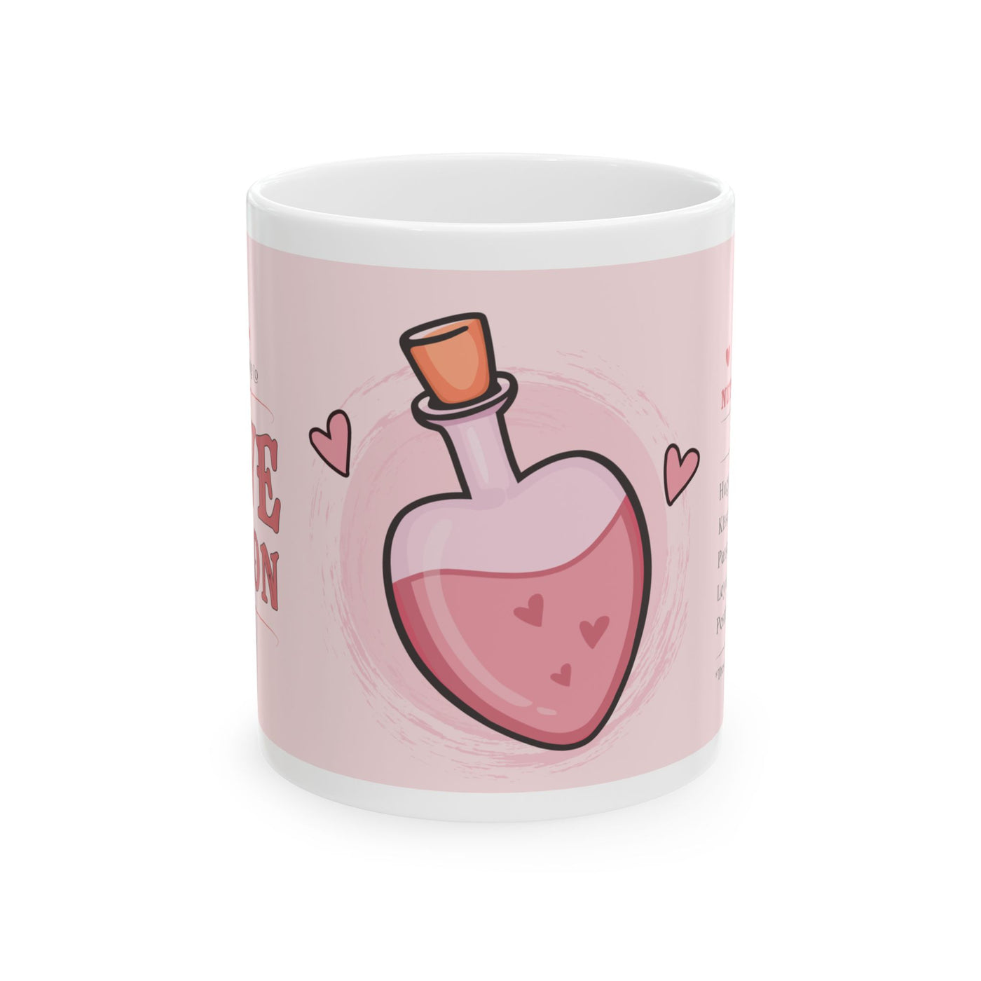 Close-up of a ceramic mug showcasing a heart-shaped potion bottle with pink liquid and heart accents, perfect for Valentine's Day.