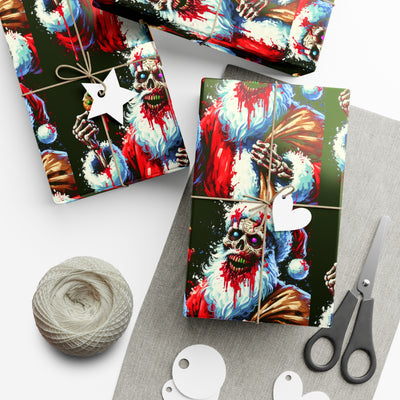 Zombie Santa wrapping paper with a star gift tag and twine.