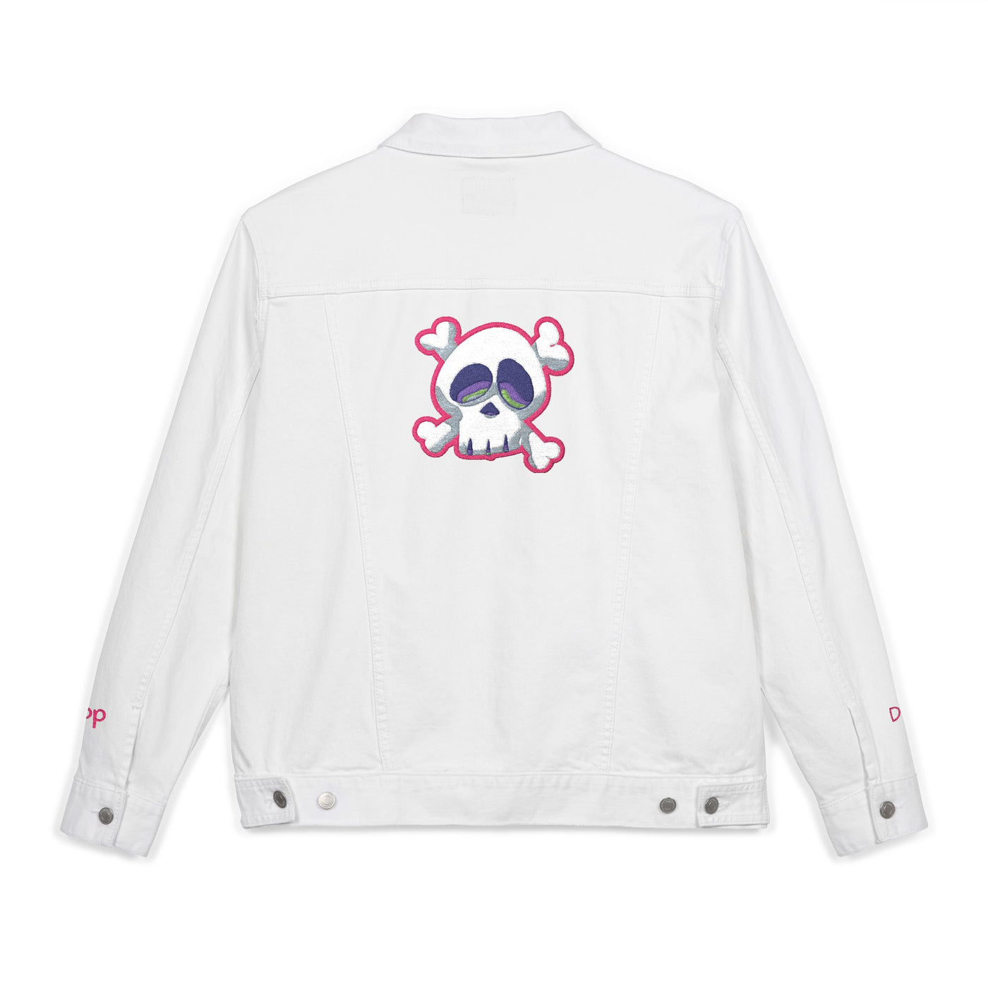 Jacket: Embroidered Drop Dead Pink Punk Skull Denim Jacket