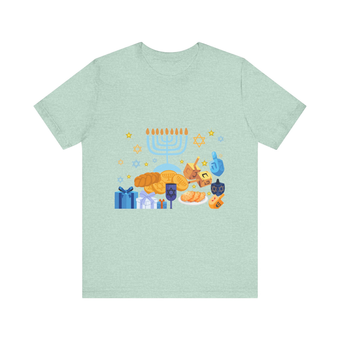 Light blue t-shirt with a graphic of Hanukkah symbols.