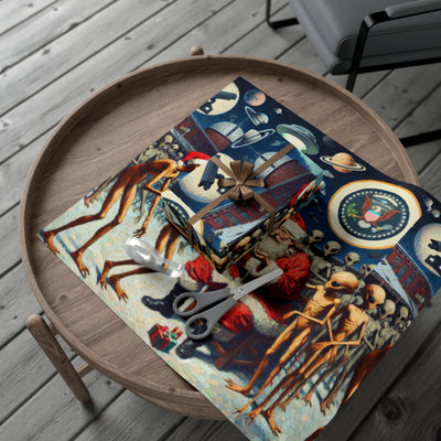Vintage alien wrapping paper with Santa and UFOs.