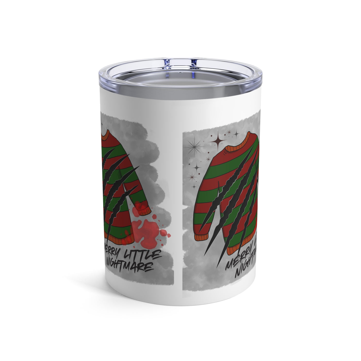 A stainless steel tumbler with a "Merry Little Nightmare" design featuring a striped sweater and claw marks.