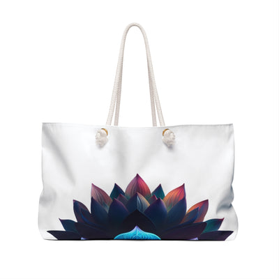 Tote Bag: Lotus Reflection Asymmetric Weekender Bag in White - Perfect for Travel & Yoga Retreats
