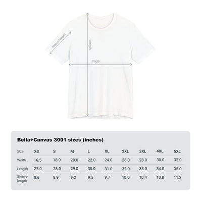 A white t-shirt with sizing chart for Bella+Canvas 3001.