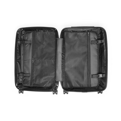 Spacious interior of durable suitcase with mesh zippered compartments, designed for organized packing and travel.