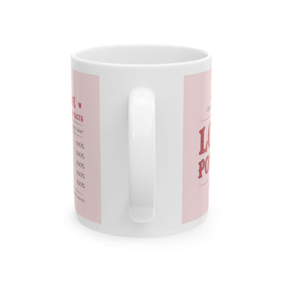 Back view of the Love Potion ceramic mug with a white handle and pink-themed design, ideal for couples and Valentine's Day gifts.