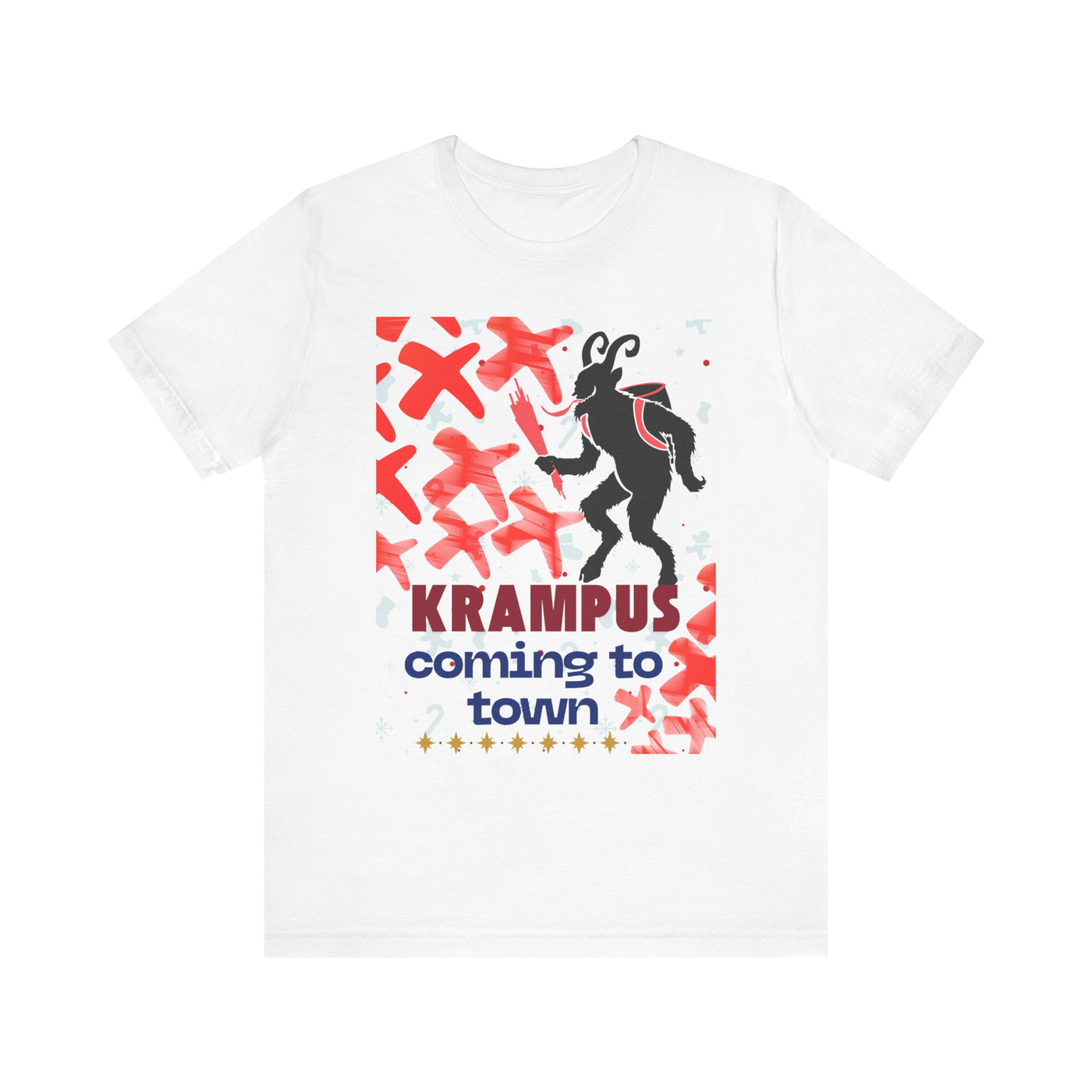 A white t-shirt with a Krampus graphic and text that reads "Krampus coming to town".