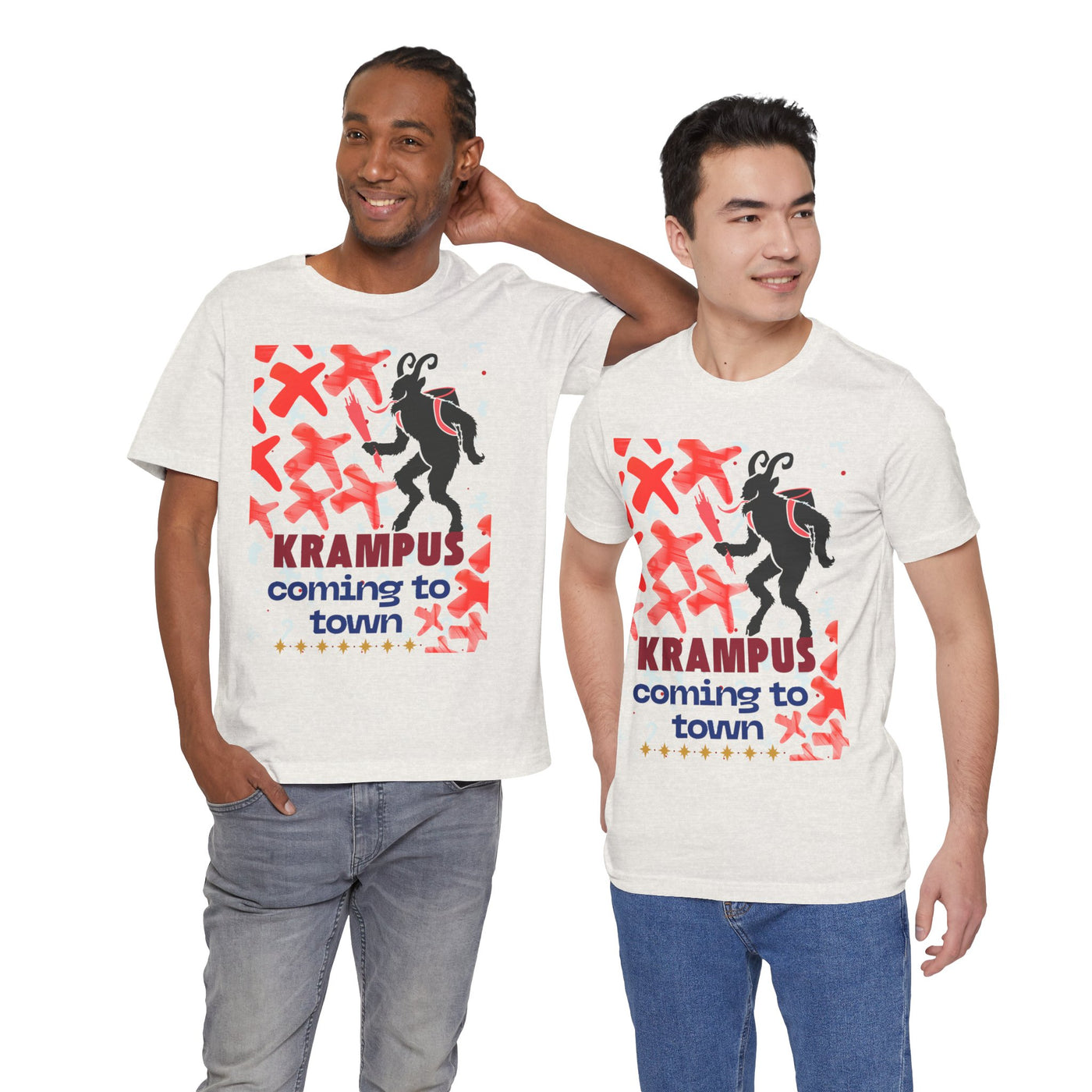 Two men wear white t-shirts with a Krampus graphic and text.