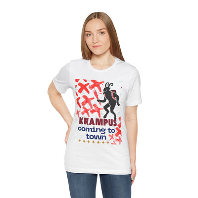A white t-shirt with a black silhouette of Krampus and red accents.