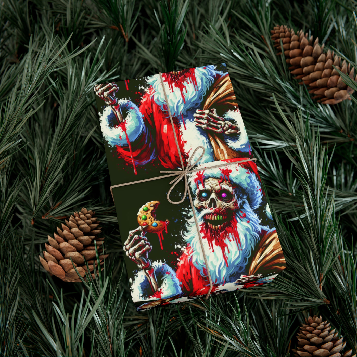 Zombie Santa wrapping paper with pine needles and pinecones.