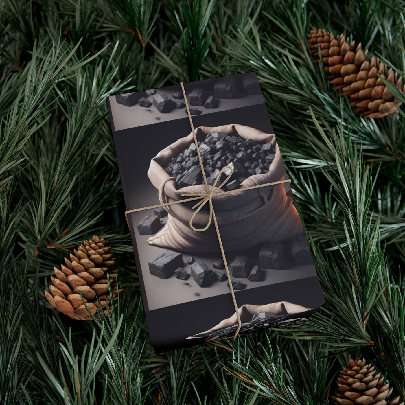 Gift wrap paper with a sack of coal design tied with twine.