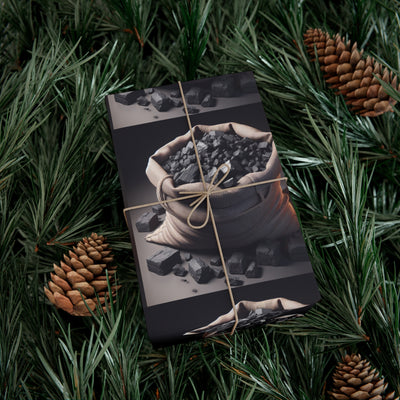 Gift wrap paper with a sack of coal design tied with twine.