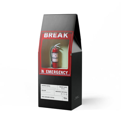 Coffee: Break in Case of Emergency - Broken Top (Medium Roast) Coffee in a 12 oz black package with a fire extinguisher design. Perfect for daily caffeine boost and busy mornings.