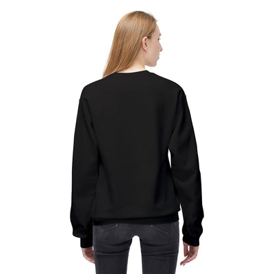 Black crewneck sweatshirt with dropped shoulders.