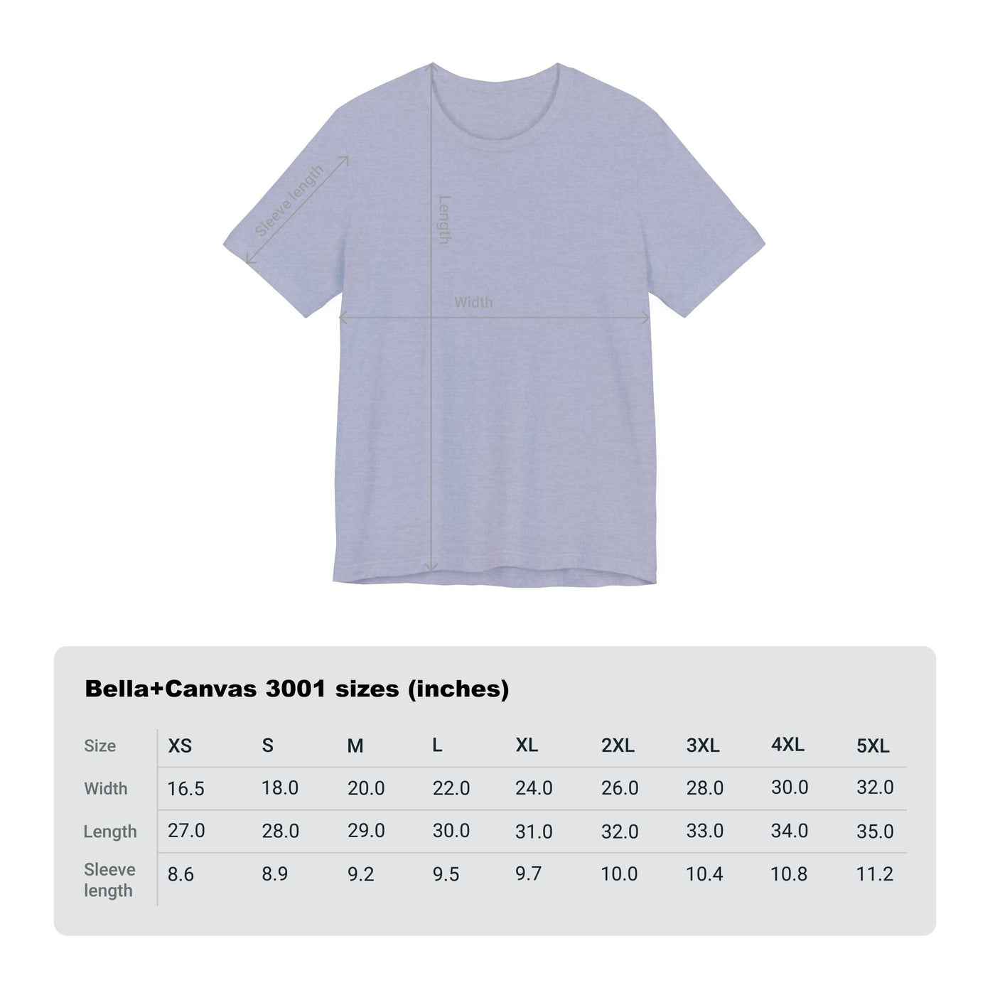 A light blue heathered t-shirt with size chart measurements for width, length, and sleeve length.