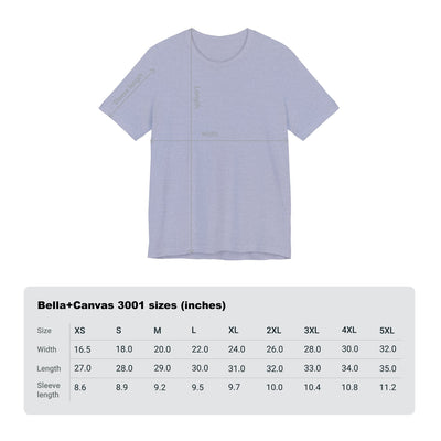 A light blue heathered t-shirt with size chart measurements for width, length, and sleeve length.