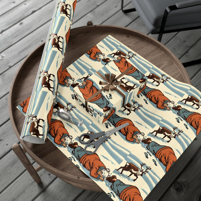 Wrapping paper featuring a vintage illustration of a grandma and reindeer in the snow.