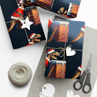 Gift wrap featuring a T-Rex in a Santa hat climbing a brick chimney.