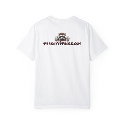 Back view of a white T-shirt with 'TrashyFitness.com' and a raccoon lifting weights logo. Casual and eco-friendly gym humor clothing.