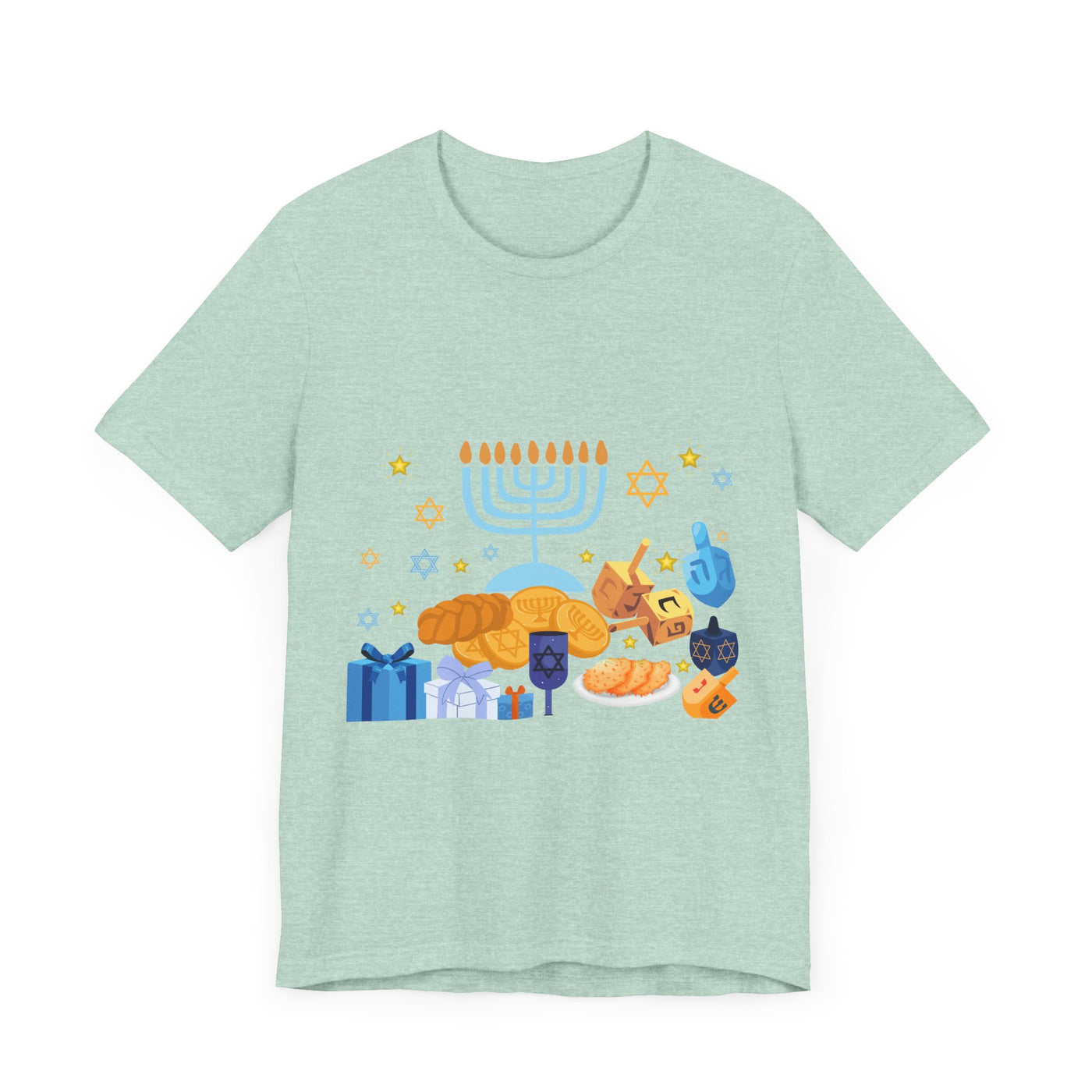 Light blue t-shirt with a graphic of Hanukkah symbols including a menorah, dreidels, gelt, and gifts.