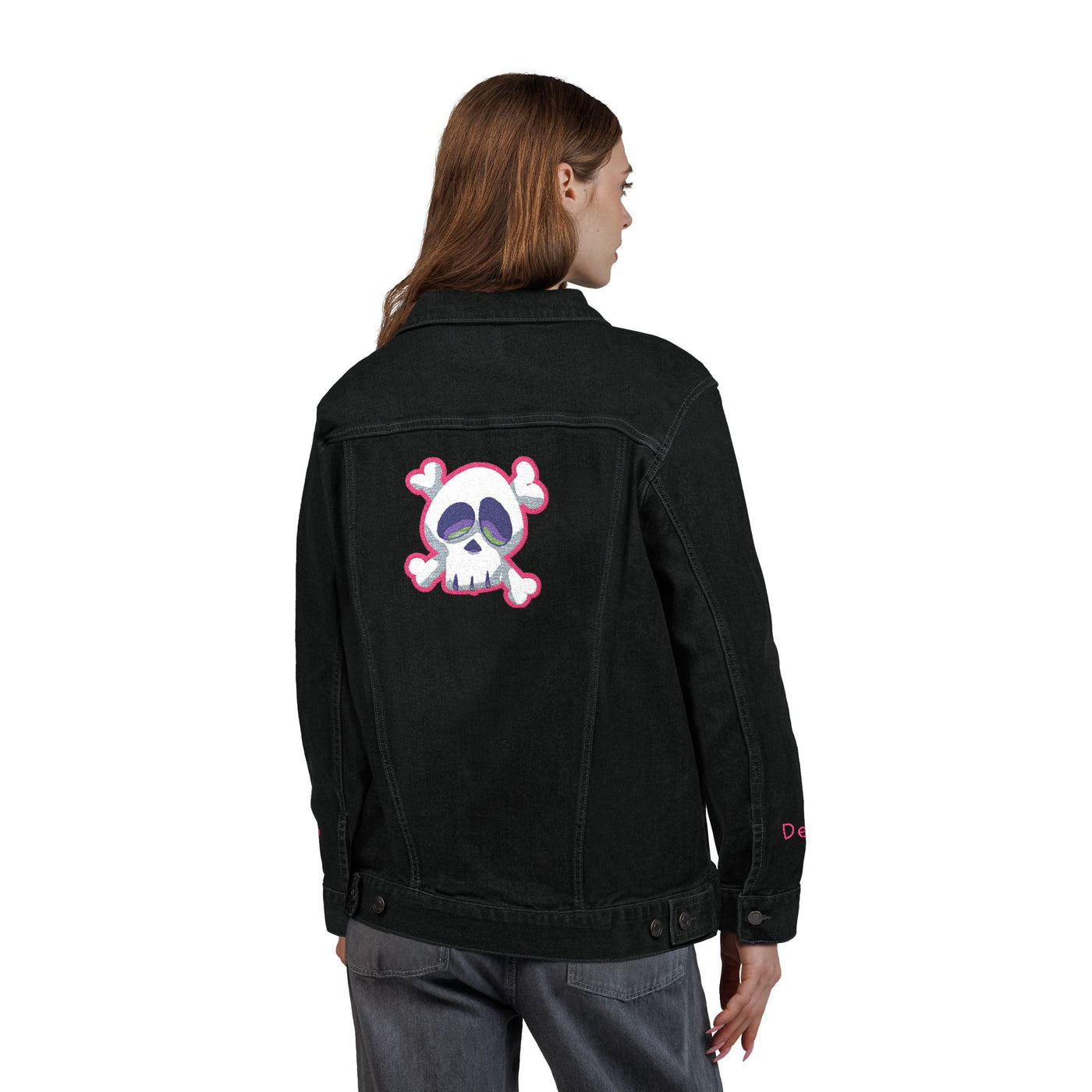 Jacket: Embroidered Drop Dead Pink Punk Skull Denim Jacket