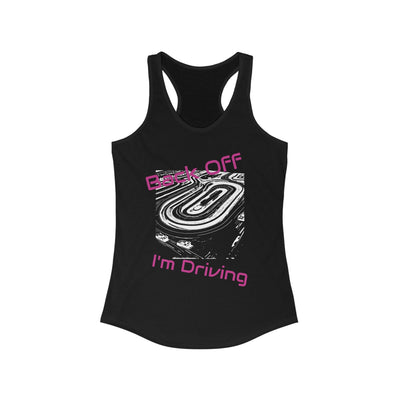 Black tank top with racing graphic and text on a white background