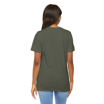 Back view of a woman wearing a dark green heathered t-shirt.
