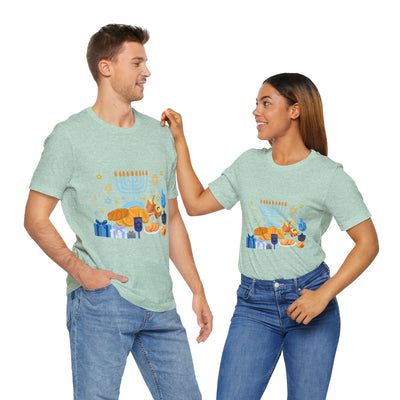 Unisex light green t-shirt with a Hanukkah graphic.