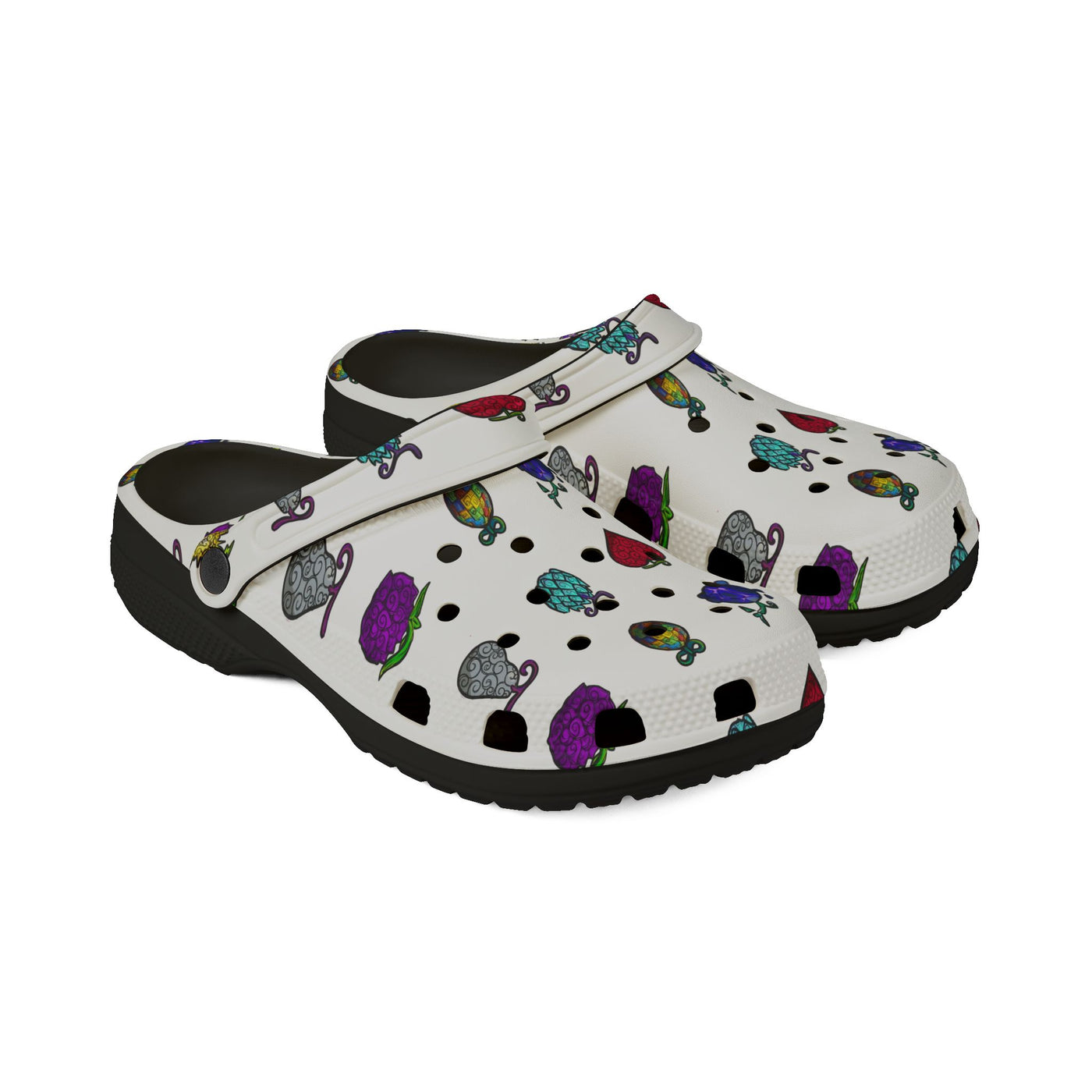White clogs with a colorful fruit pattern.