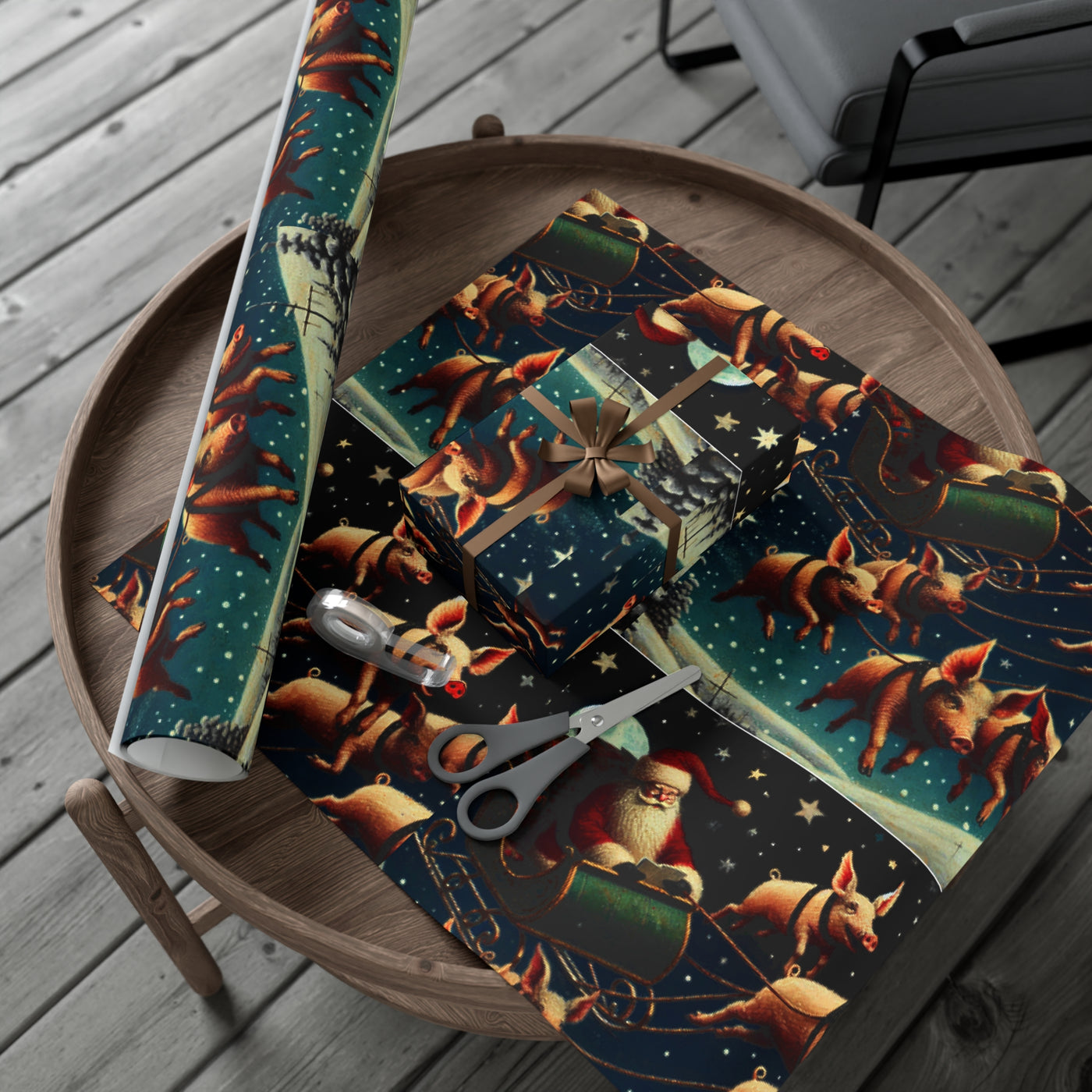Quirky holiday wrapping paper featuring flying pigs and Santa in a sleigh.