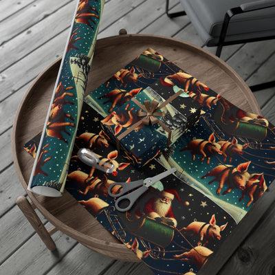 Quirky holiday wrapping paper featuring flying pigs and Santa in a sleigh.