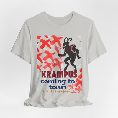 A light grey t-shirt with a black silhouette of Krampus and red graphic elements.