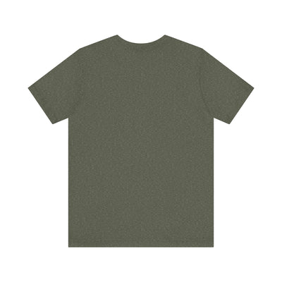 A heather olive green unisex t-shirt with a crew neck.
