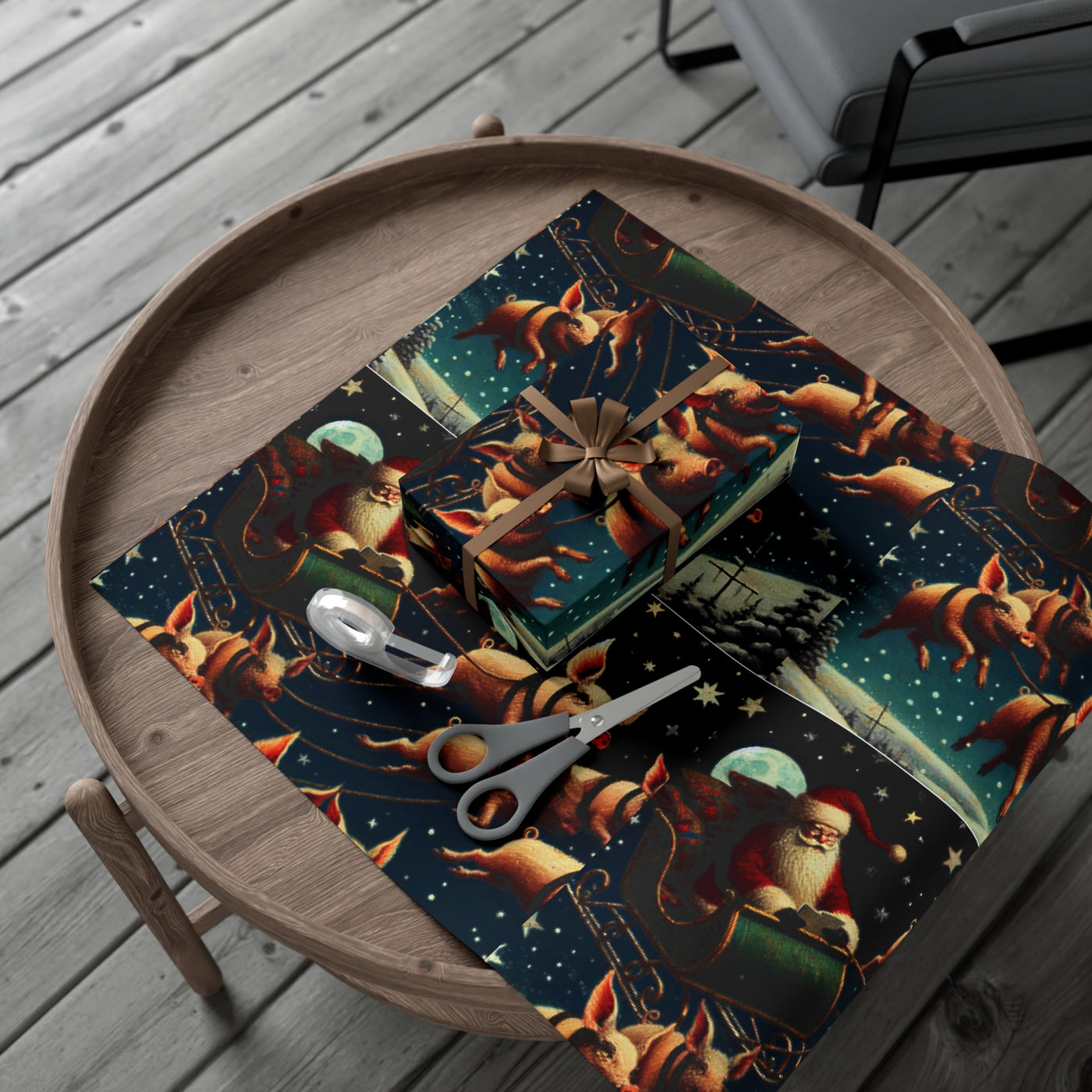 Quirky holiday wrapping paper featuring Santa's sleigh pulled by flying pigs.